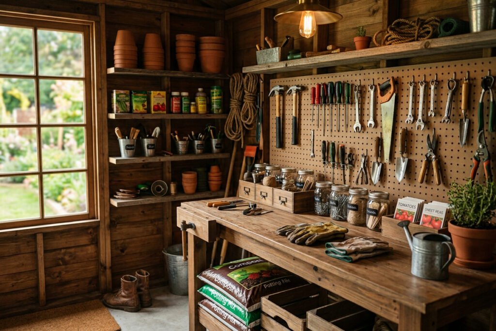 organized garden shed with tools neatly stored and accessible