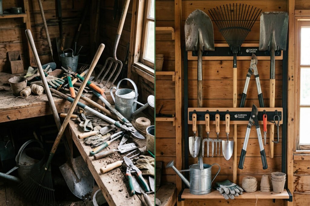 cluttered disorganized garden tools versus organized garden storage system