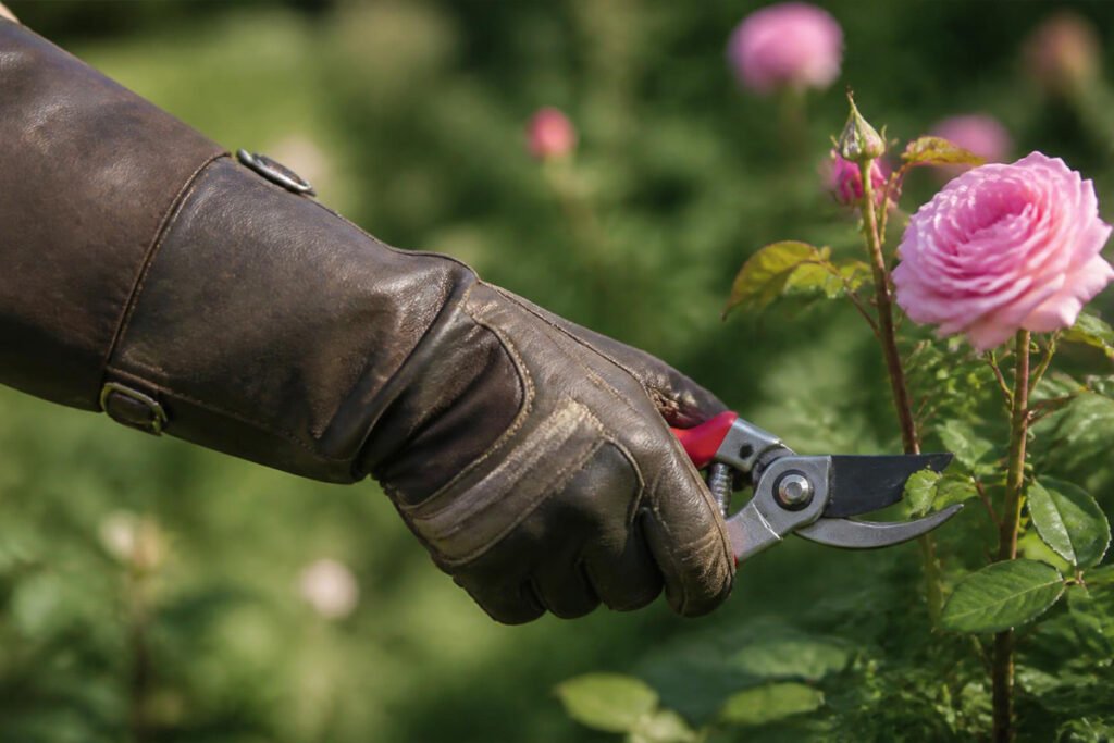 hand pruning roses while wearing leather gardening gloves