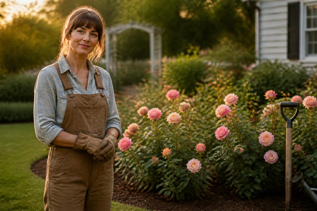 gardener wearing leather gloves pruning roses