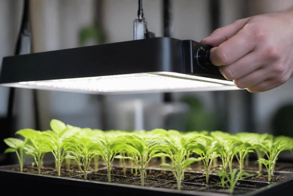 grow light positioned above healthy seedling trays