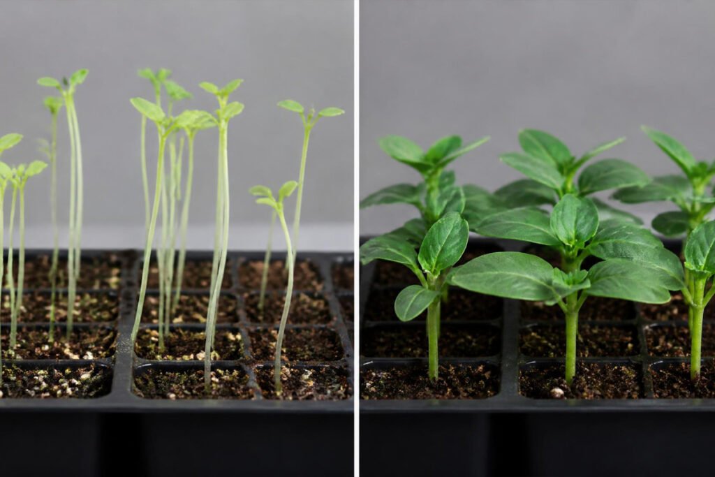 leggy pale seedlings versus sturdy seedlings grown under proper lighting