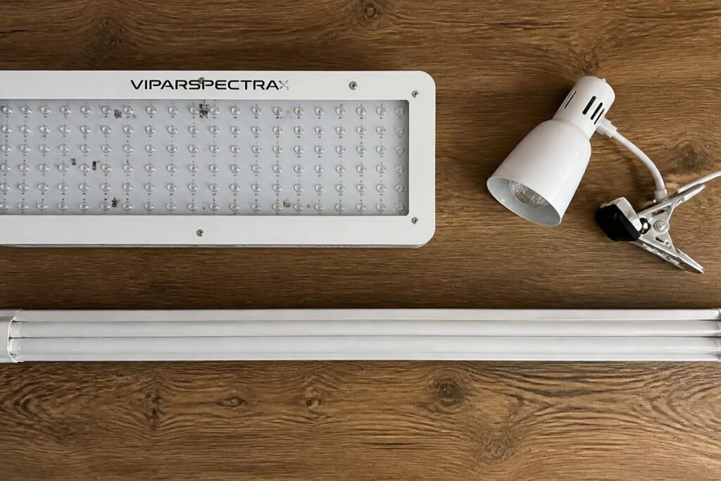 LED grow light panel, T5 fixture, and clip-on lamp for seedlings