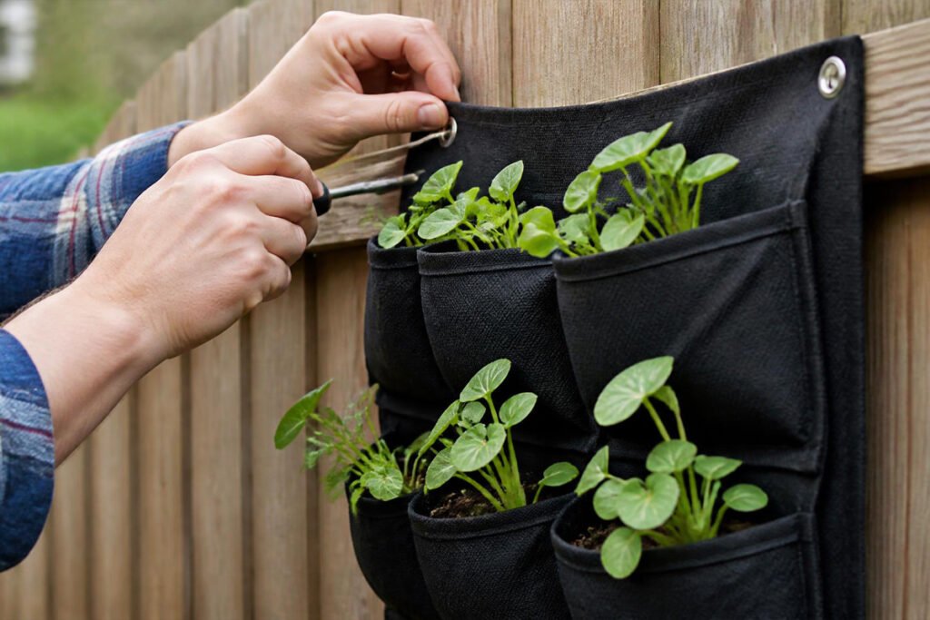 hand mounting a wall pocket planter with seedlings