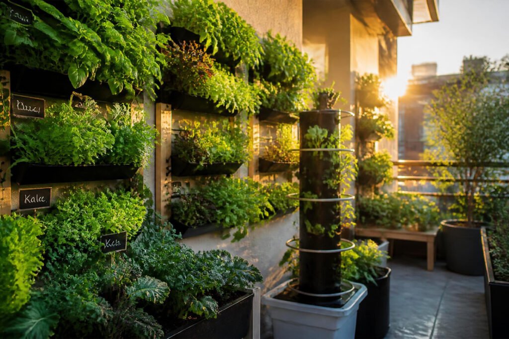 thriving vertical vegetable garden on a small patio