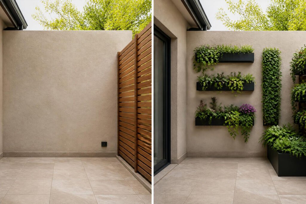bare small patio versus thriving vertical vegetable garden setup