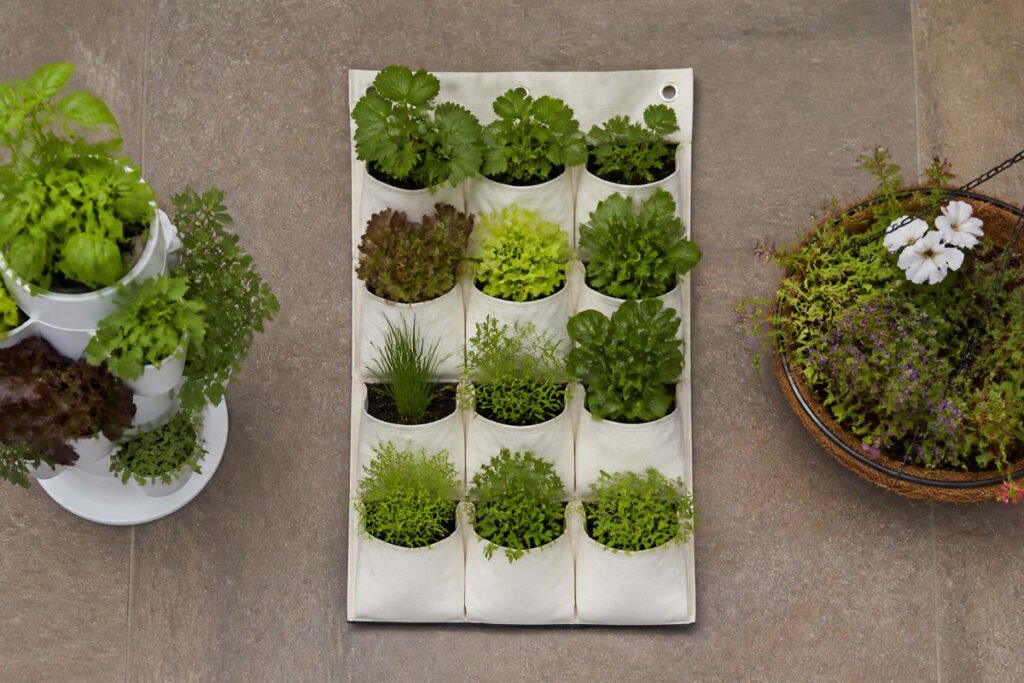 stackable planter tower, wall pocket planter, and hanging planter for vertical gardening