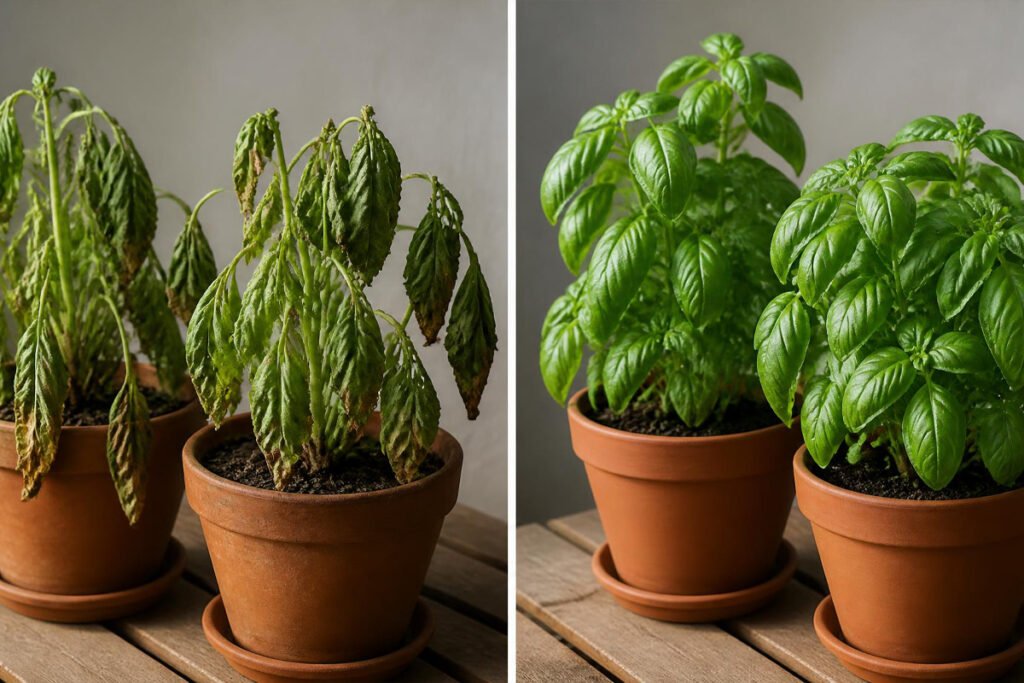 wilted vegetable plants versus healthy plants with proper irrigation