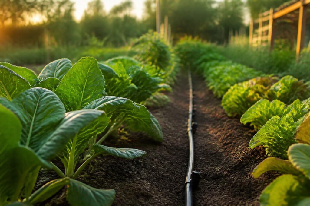 thriving vegetable garden with efficient drip irrigation system