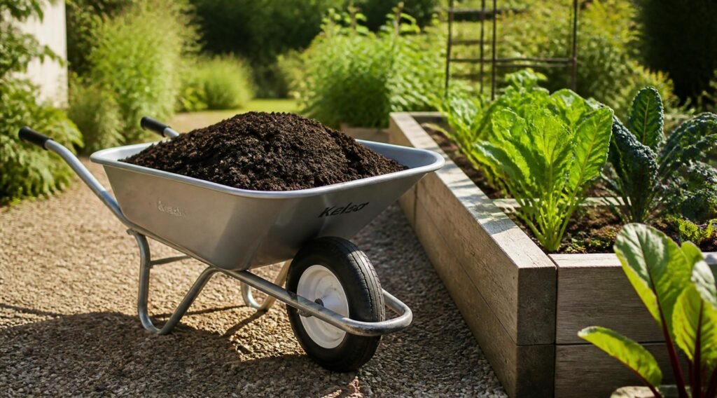 gpt image 2 1. A styled shot of a steel single wheel garden wheelbarrow loaded with dark com 0 1