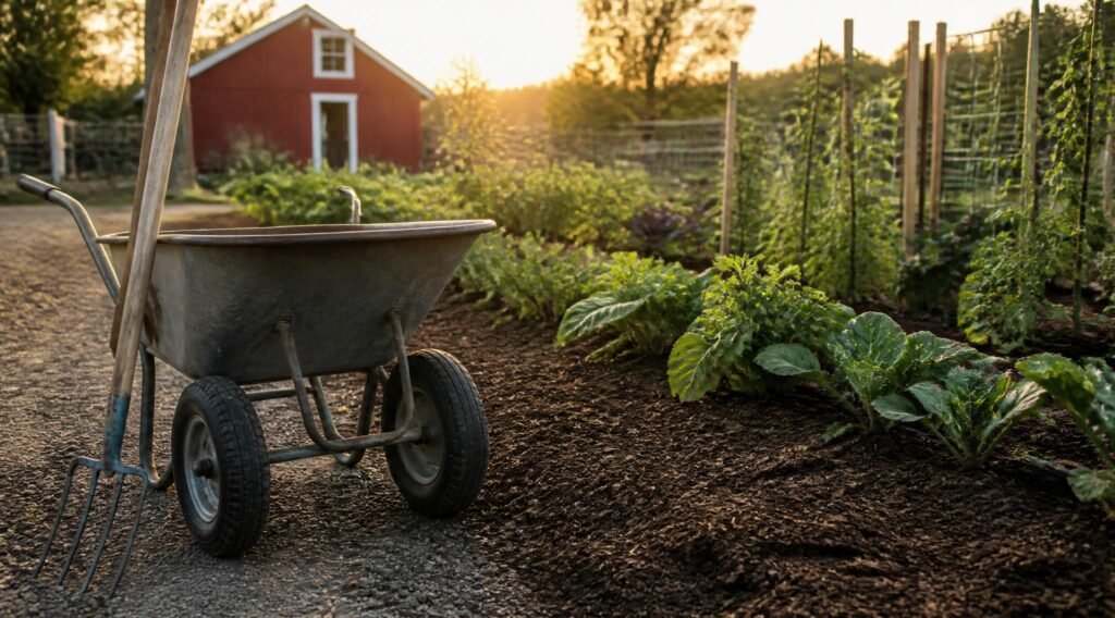 gpt image 2 1. A two wheel wheelbarrow parked beside a freshly mulched vegetable garden gold 0