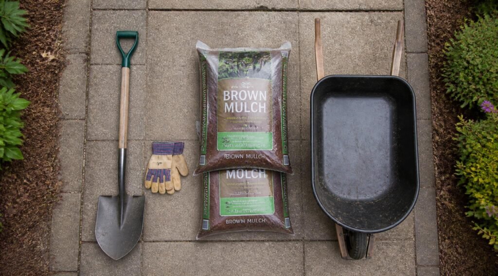 gpt image 2 1. Overhead flat lay of a shovel work gloves mulch bags and a small wheelbarrow 0