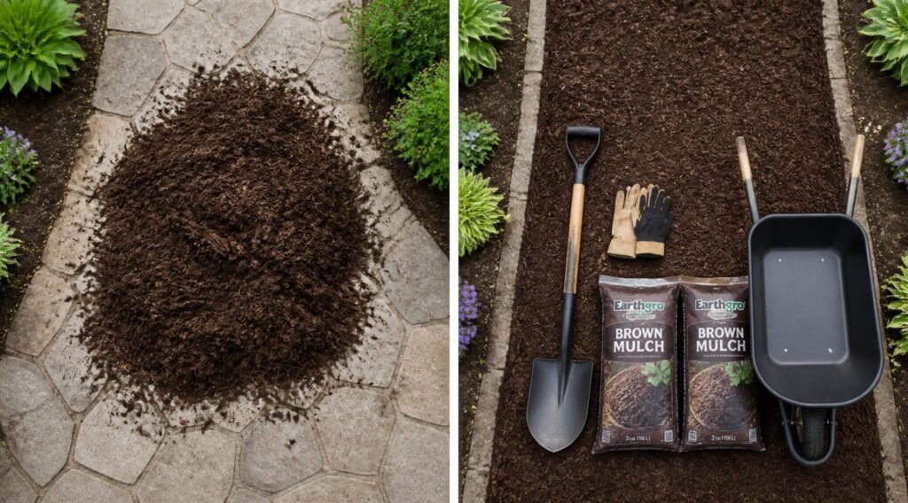 gpt image 2 1. Split image comparison showing a messy pile of mulch on the left and a neatly 0