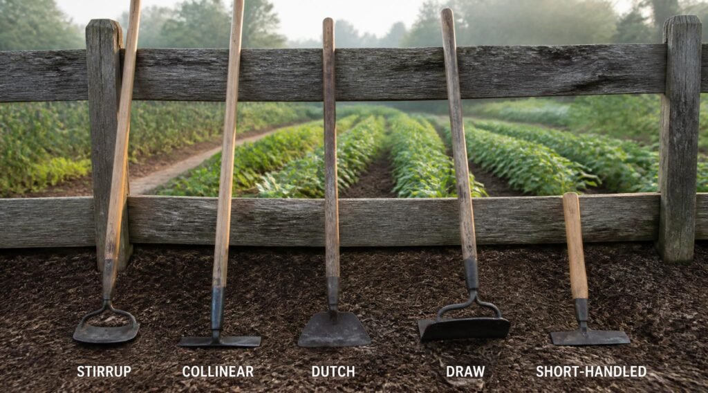 gpt image 2 A lineup of five different garden hoes stirrup collinear Dutch draw and short ha 0