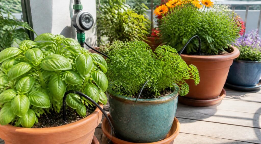 gpt image 2 Bright patio scene with terracotta and ceramic pots of basil parsley and flowers 0