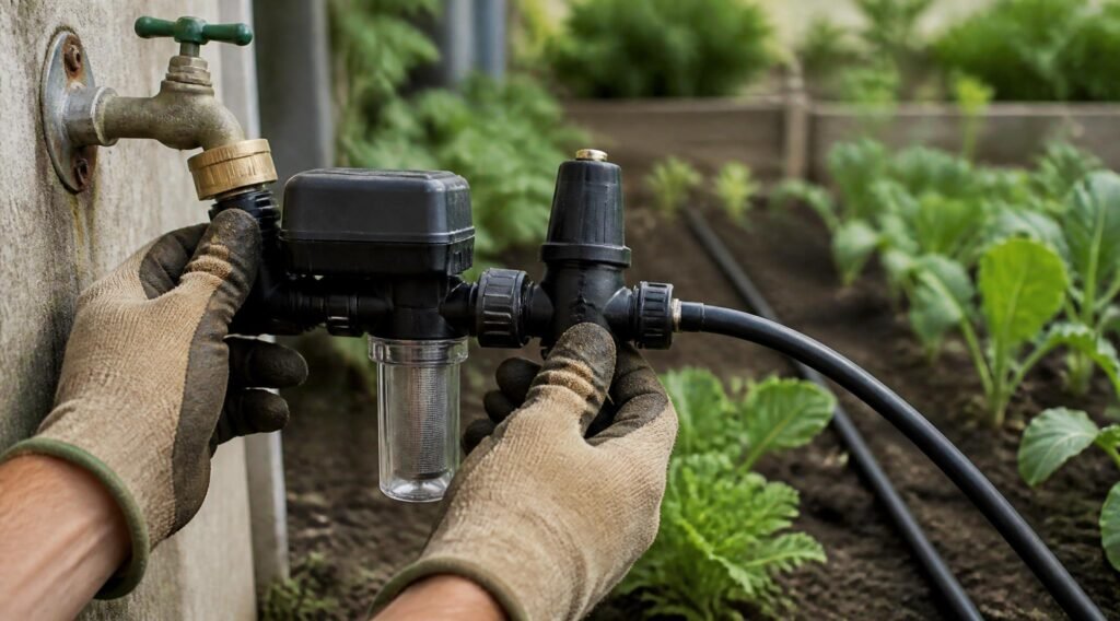 gpt image 2 Close up of a gardener s hands in work gloves connecting a battery timer filter 0