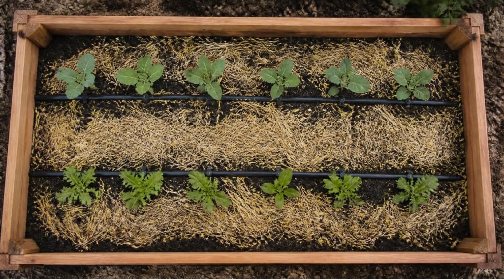 gpt image 2 Overhead view of a cedar raised garden bed filled with dark rich soil and young 0