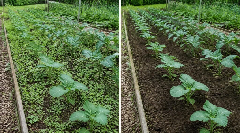 gpt image 2 Split image comparison showing a vegetable bed full of small weeds on the left a 0